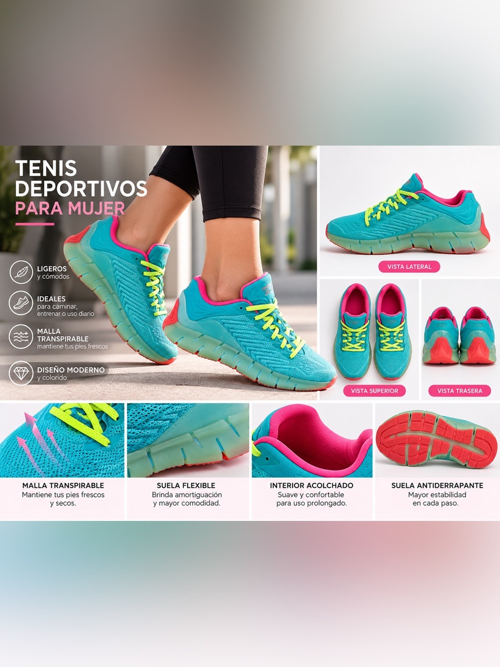Reebok Women's Athletic Sneakers in Turquoise, Pink and Neon Yellow